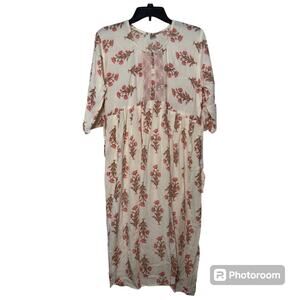 Women's L White Dress Midi with Pink Florals